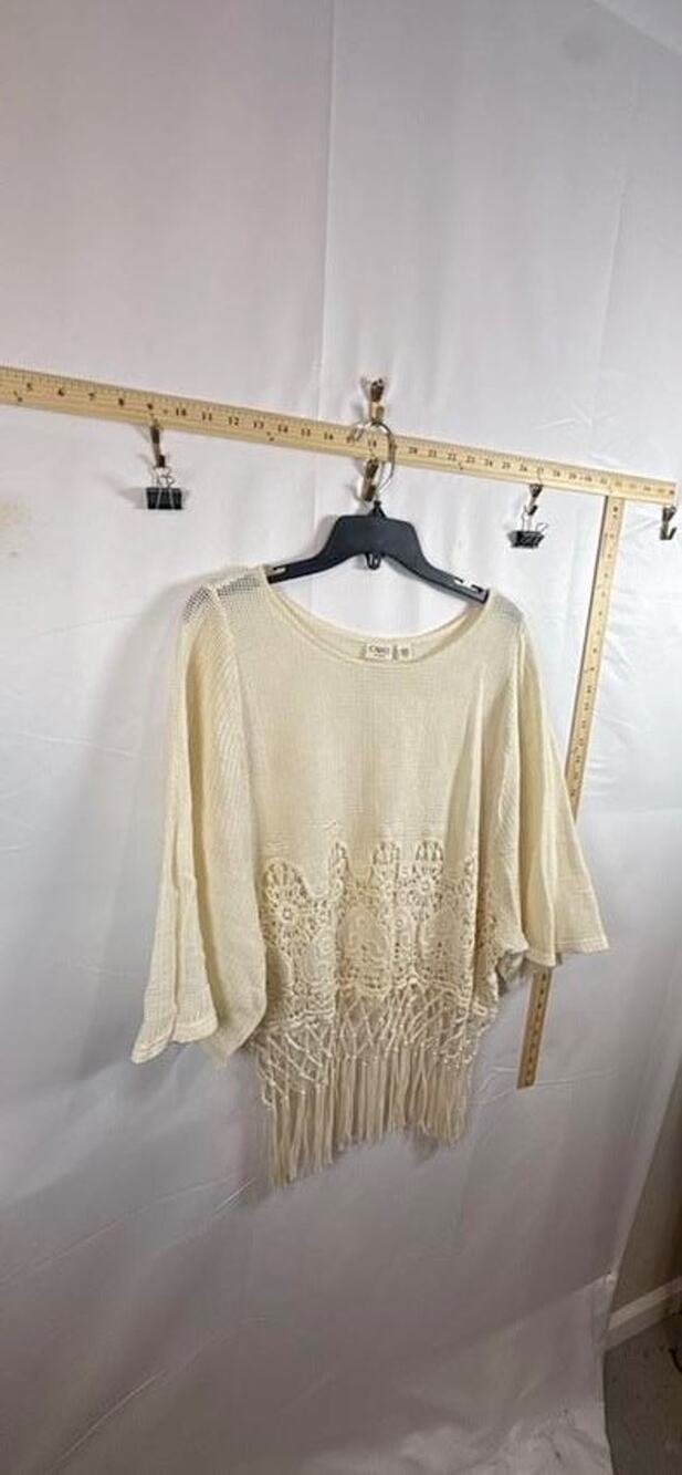 Cato Woman Top 18 20W Cream Open Knit Crochet Panel Fringe Trim Boho Blouse Hipp